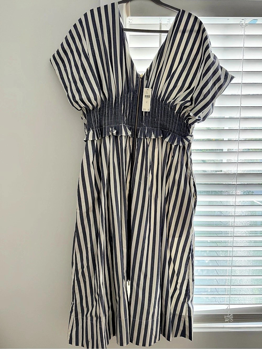 Anthropologie The Tommie Cap-Sleeve Smocked Front-Zip Shirt Dress Striped Mini N